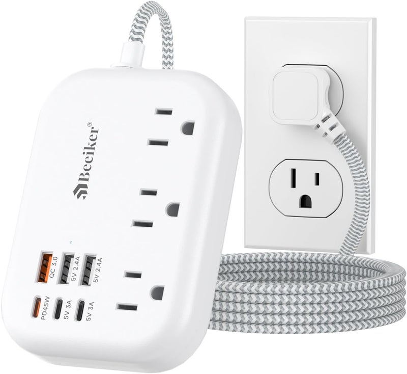 Beeiker PD45W USB C Travel Power Strip, Cruise Power Strip with 6 USB(3 USB C) Ports and 3 Outlets, 5Ft Flat Plug Braided Extension Cord, 45W Fast Charging Station for MacBook Laptops iPad Pro iPhone Samsung - Image 1